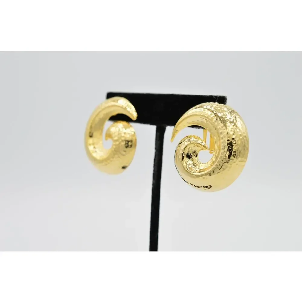 Vintage Clip On Earrings Shiny Brushed Gold Pebbled Swirl Chunky NOS 1980s 9L